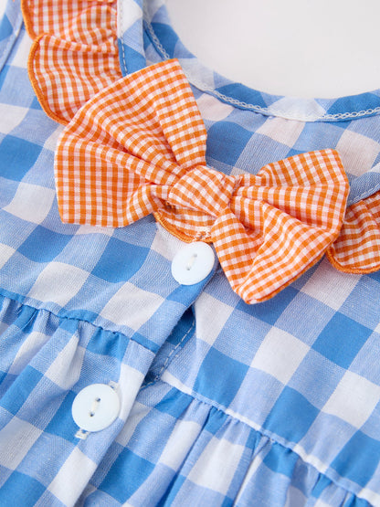Summer Whale Embroidery Girls Dress Plaid Ruffle Collar