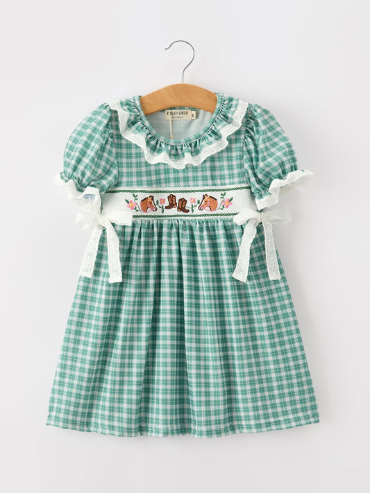 Western Plaid Horse Embroidered Girl Dress