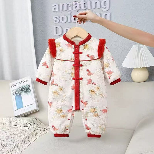 Red Festive Warm Childrens Cotton Padded Jumpsuit