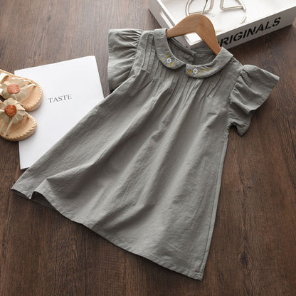 Princess Dress Flying Sleeves Embroidered Doll Collar Solid Color