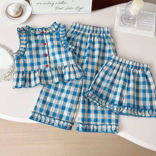New Summer Korean-Style Polyester Plaid Three-Piece Set For Girls