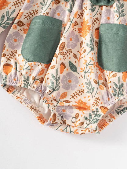 2025 NEW Green Pocket Floral Print Ruffle Baby Girl Romper