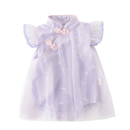 Baby Girl's Antique Style Buckle Mesh Feather Triangle Rompers Infant Onesie Dress