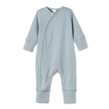 Cotton Baby Zipper Romper With Convertible Cuffs-Blue