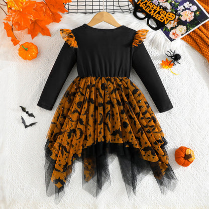 Mesh Irregular Hem Hanging Corner Printing Fashion Girls Dress