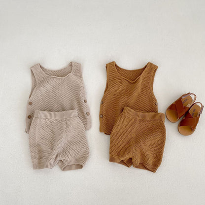 Vest Open Button Top Shorts Boys And Girls Baby 2 Pieces Suit