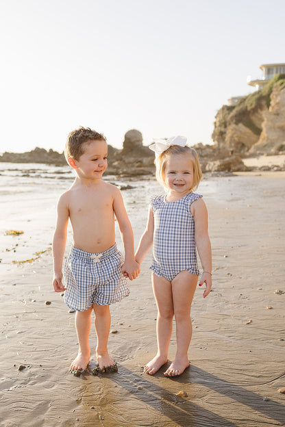 Light Blue Gingham Swim Shorts