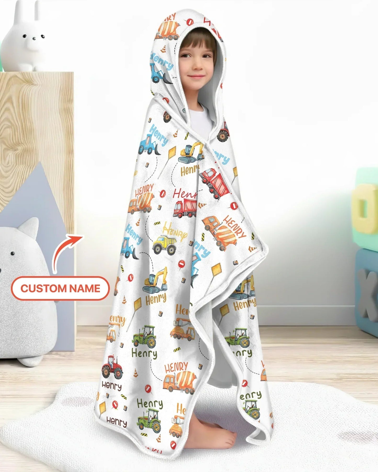 Construction Vehicles Custom Name Bamboo Wearable Hooded Blanket