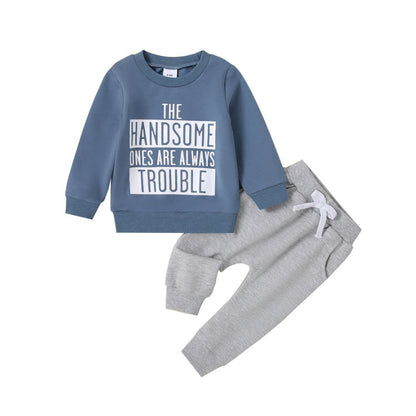 Casual Round Neck Letter Print Sweater Trousers Suit