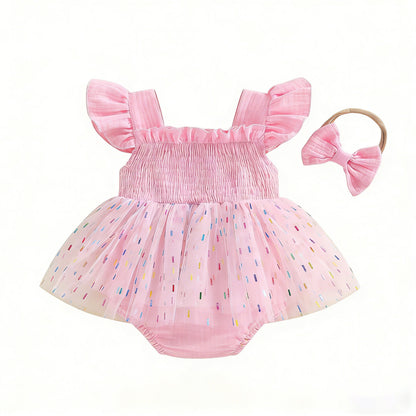 Girls And Infants Mesh Romper With A Tulle Skirt And Bow