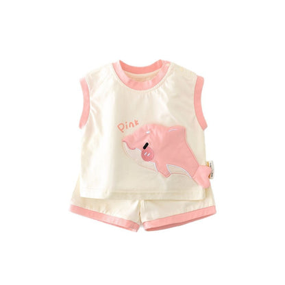 Korean Style Boys And Girls Summer Cartoon Shark Vest Suit