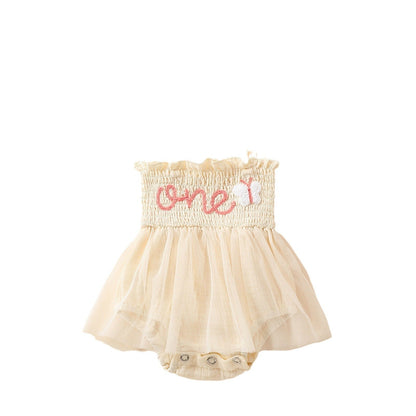 Towel Embroidery Mesh Slip Dress Bowknot Headband Two-piece Set