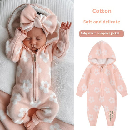 Baby Thickened Knitted Floral Zip-Up Hooded Onesie