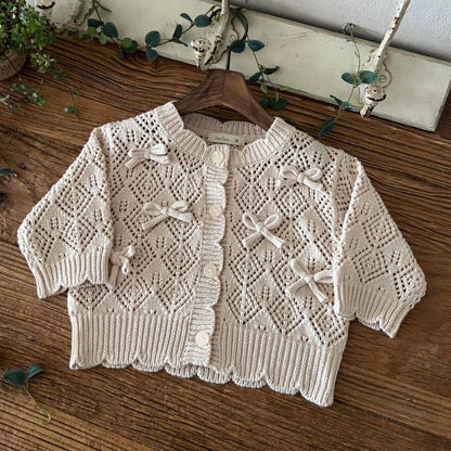 Hollow Out Coat Bow Lace Nine-quarter Sleeve Girl