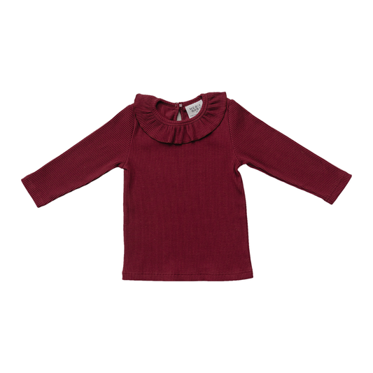 Burgundy Ribbed Ruffle Long Sleeve Top