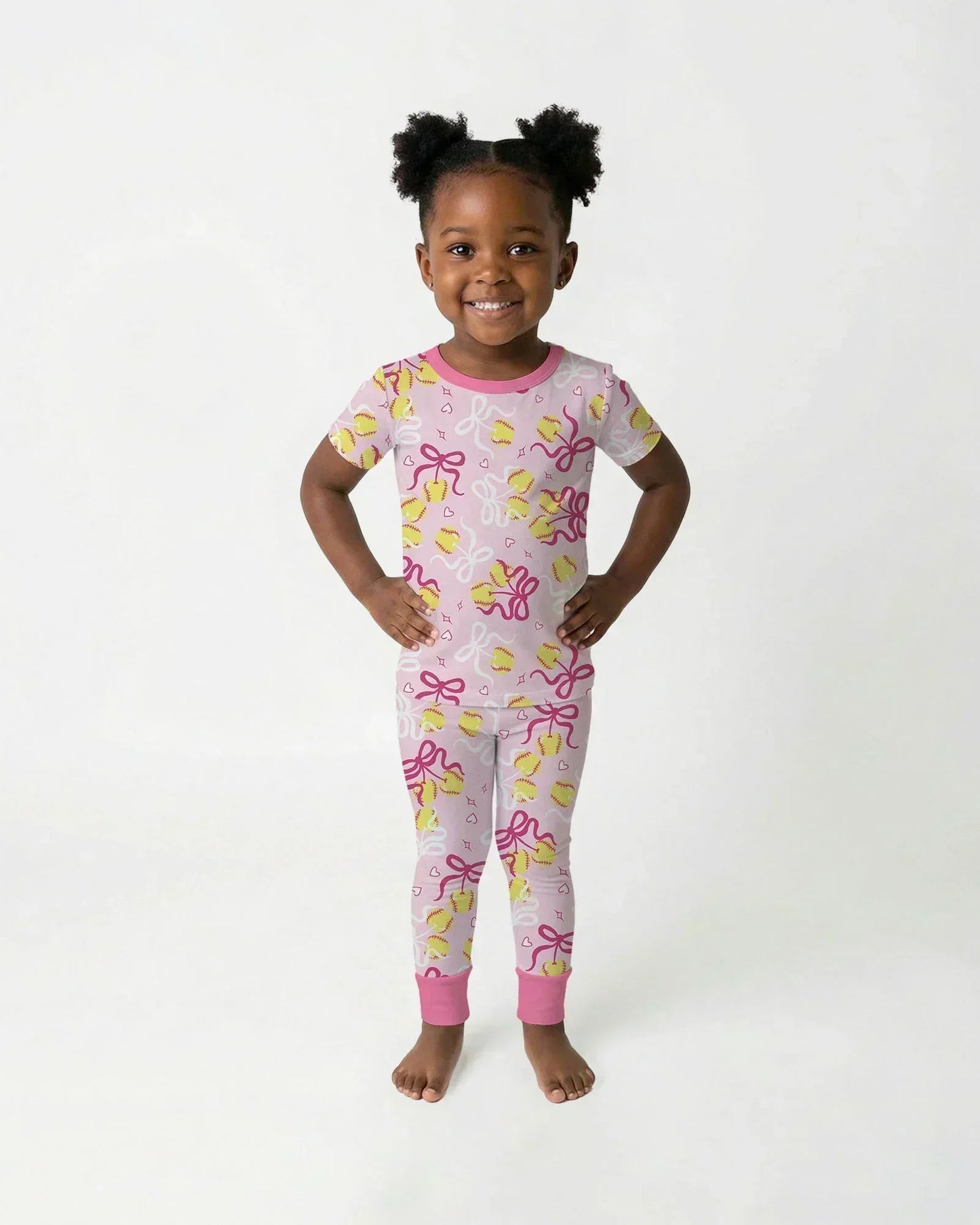 Softball Cherry Mom And Girl Matching Bamboo Two Piece Short Sleeve Pajama Set