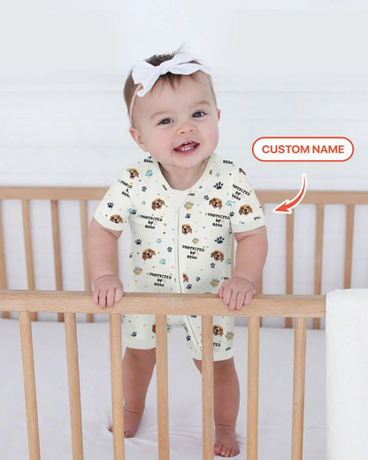 Custom Dog Photo Pattern "Protected By" Bamboo Shorty Zippered Romper