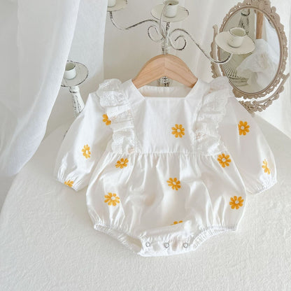 Sweet Daisies Embroidery Rompers Long Sleeve Onesie