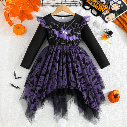 Mesh Irregular Hem Hanging Corner Printing Fashion Girls Dress