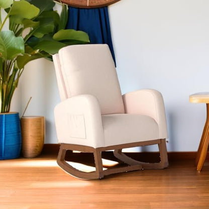 Dolonm Rocking Chair Mid-Century Modern Nursery Rocking Armchair Upholstered Tall Back Accent Glider Rocker for Living Room (Beige)