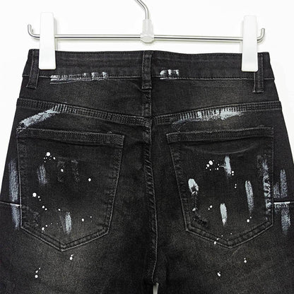 American High Street Ripped Stretch Paint Splash Straight Jeans Men