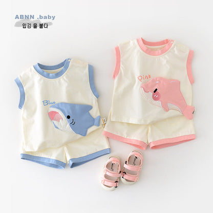 Korean Style Boys And Girls Summer Cartoon Shark Vest Suit