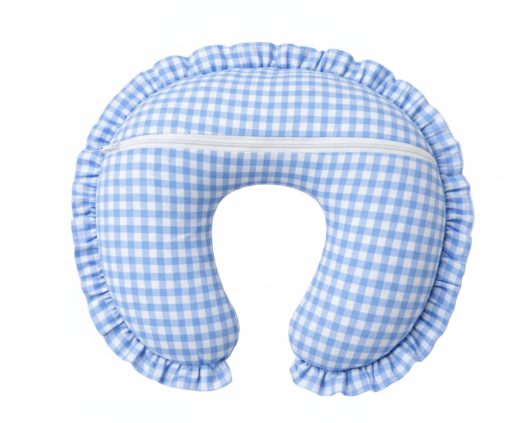 Blue White Gingham Ruffle Nursing Pillow Cover