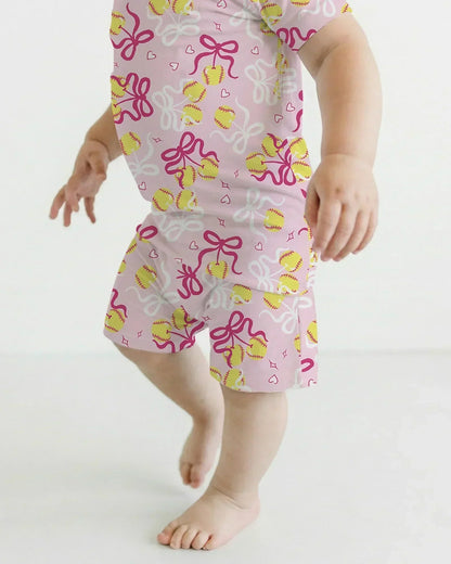 Softball Cherry Mom And Girl Matching Bamboo Two Piece Short Sleeve Shorts Pajama Set