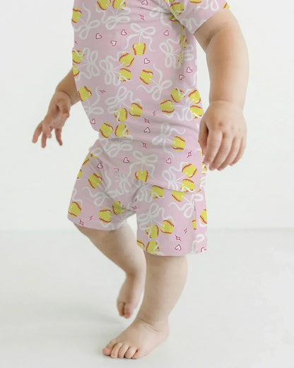 Softball Cherry Mom And Girl Matching Bamboo Two Piece Short Sleeve Shorts Pajama Set