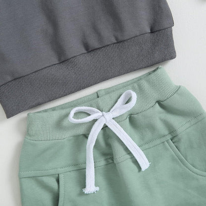 Color Contrast Patchwork Pocket Hooded Sweater Children Fashion Casual Set