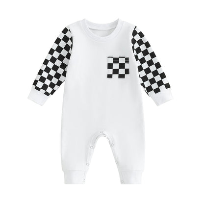 Checkerboard Plaid Color Matching Sleeve Pocket Jumpsuit
