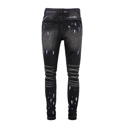 American High Street Ripped Stretch Paint Splash Straight Jeans Men