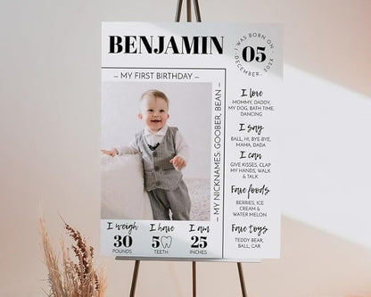 Generic Personalized First Birthday Milestone Poster, Modern 1St Birthday Milestone Sign, One Year Photo Baby Milestone Board, Design 012
