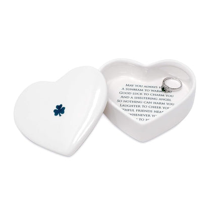 Baptism Gift, First Communion Gift, or Confirmation Gift, Handmade Heart Ceramic Keepsake Box with Irish Blessing and Shamrock in Green
