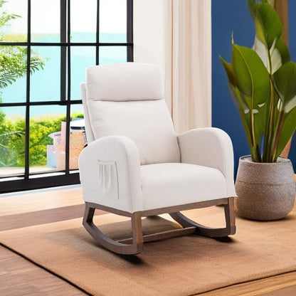 Dolonm Nursery Rocking Chair for Living Room, Upholstered Mid-Century Modern Nursery Rocking Armchair Tall Back Accent Glider Rocker, Beige