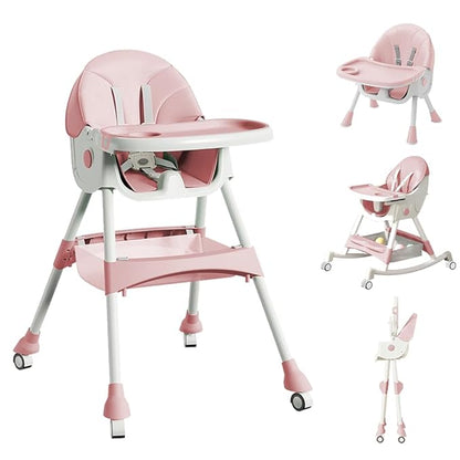 High Chairs for Babies and Toddlers, 4 in 1 Convertible Baby High Chair, Portable High Chair for Travel with Adjustable Height and Back, Foldable HighChair with Wheels& Pu Cushion