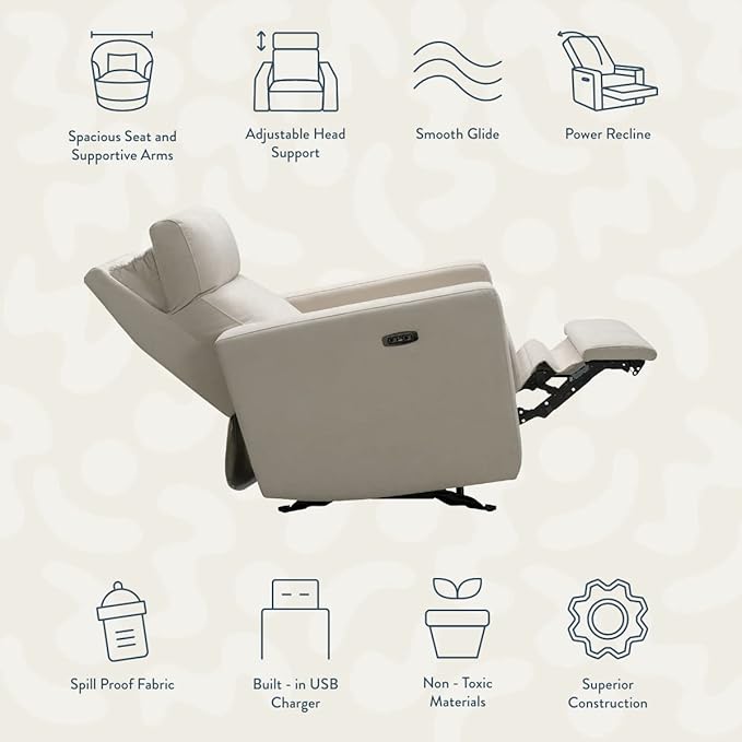 Nurture& The Glider Premium Power Recliner Nursery Glider Chair with Adjustable Head Support | Designed with a Thoughtful Combination of Function and Comfort | Built-in USB Charger (Ivory)