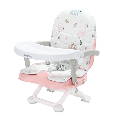 2in1 Portable Toddler Booster Seat, Grow with Baby Booster Seat for Dining Table with Removable Tray & Seat Pad, high Chair for Travel, ACE1013 Pink Flamingos