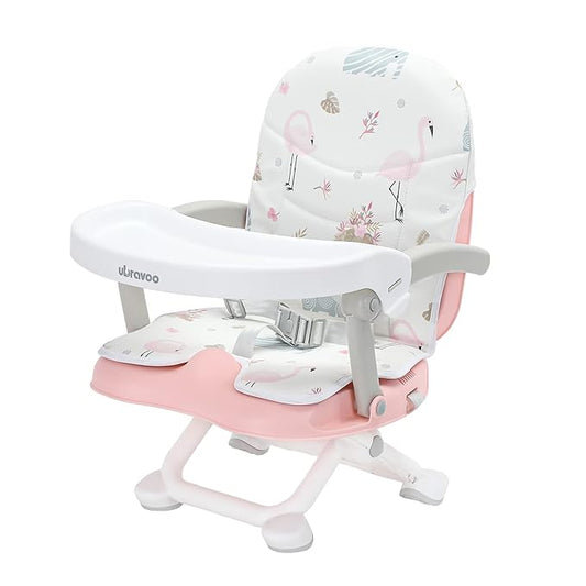 2in1 Portable Toddler Booster Seat, Grow with Baby Booster Seat for Dining Table with Removable Tray & Seat Pad, high Chair for Travel, ACE1013 Pink Flamingos