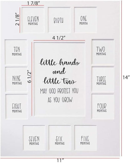 Rustic Red Door Co. Baby's First Year Picture Mat - Barnwood Frame - Little Hands and Little Toes Photo Collage - 13 Picture Slots - Newborn to One Year Birthday - Watch Your Baby Grow (White Mat)