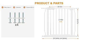 Narrow Baby Gates for Stairs Doorways Auto Close Tension White Metal Child Pet Safety Gates with Pressure Mount 29-34 Inch Wide