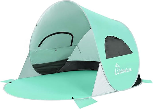 WolfWise UPF 50+ Easy Pop Up 3 Person Beach Tent Sport Umbrella Instant Sun Shelter Tent Sun Shade Canopy, Mint Green