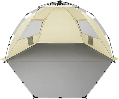 Oileus X-Large 4 Person Beach Tent Sun Shelter - Portable Sun Shade Instant Tent for Beach with Carrying Bag, Stakes, 6 Sand Pockets, Anti UV for Fishing Hiking Camping, Waterproof Windproof, Khaki