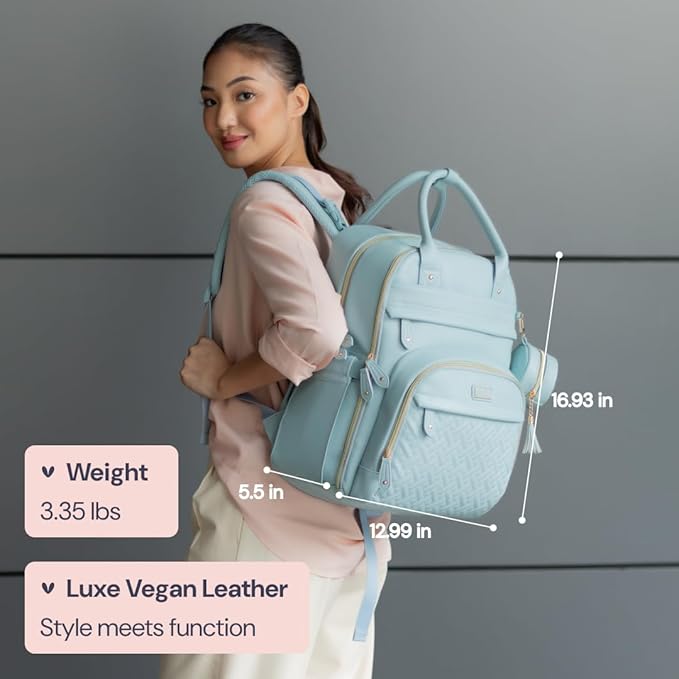 BabbleRoo Leather Diaper Bag Backpack - Baby Essentials Travel Baby Bag, Multi function, Waterproof, with Changing Pad, Stroller Straps & Pacifier Case – Unisex, Powder Blue