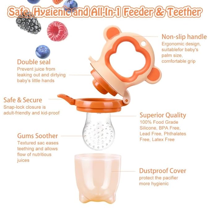 Baby Fresh Fruit Feeder Pacifier, 2 Pack HAOBAOBEI Baby Teether for Chewing, Freezable Infant Teething Toy, Teething Relief, Food Feeder with 4 Silicone Pouch, BPA Free - Monkey (Orange & Blue)