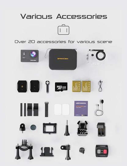 Apexcam Action Camera 4K with 64G SD Card Sport Cameras 20MP 131FT Waterproof Underwater Camera 170°Wide-Angle WiFi Camera with 2.4G Remote Control, 2 Batteries, Mounting Accessories Kits