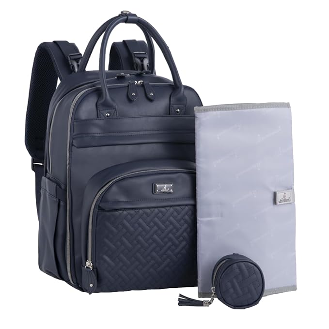 BabbleRoo Leather Diaper Bag Backpack - Baby Essentials Travel Baby Bag, Multi function, with Changing Pad, Stroller Straps & Pacifier Case – Unisex, Midnight Blue