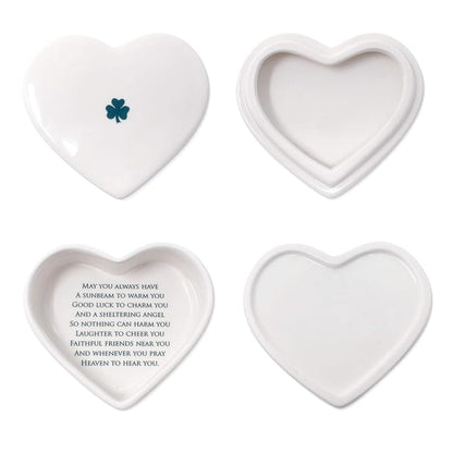 Baptism Gift, First Communion Gift, or Confirmation Gift, Handmade Heart Ceramic Keepsake Box with Irish Blessing and Shamrock in Green