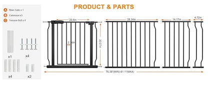 Extra Wide Baby Gate Extra Wide Extra Tall Dog Gates for Stairs Doorways Black Metal Tension Indoor Safety Gates with Pressure Mount 76.38-81.1 Inch