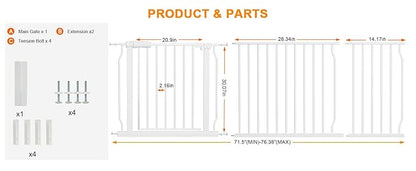 30" Tall Extra Wide Baby Gates for Doorways & Stairs - Large, Long Pressure Mounted Metal Safety Gates for Kids & Dogs - White (71.5-76.38 Inch)